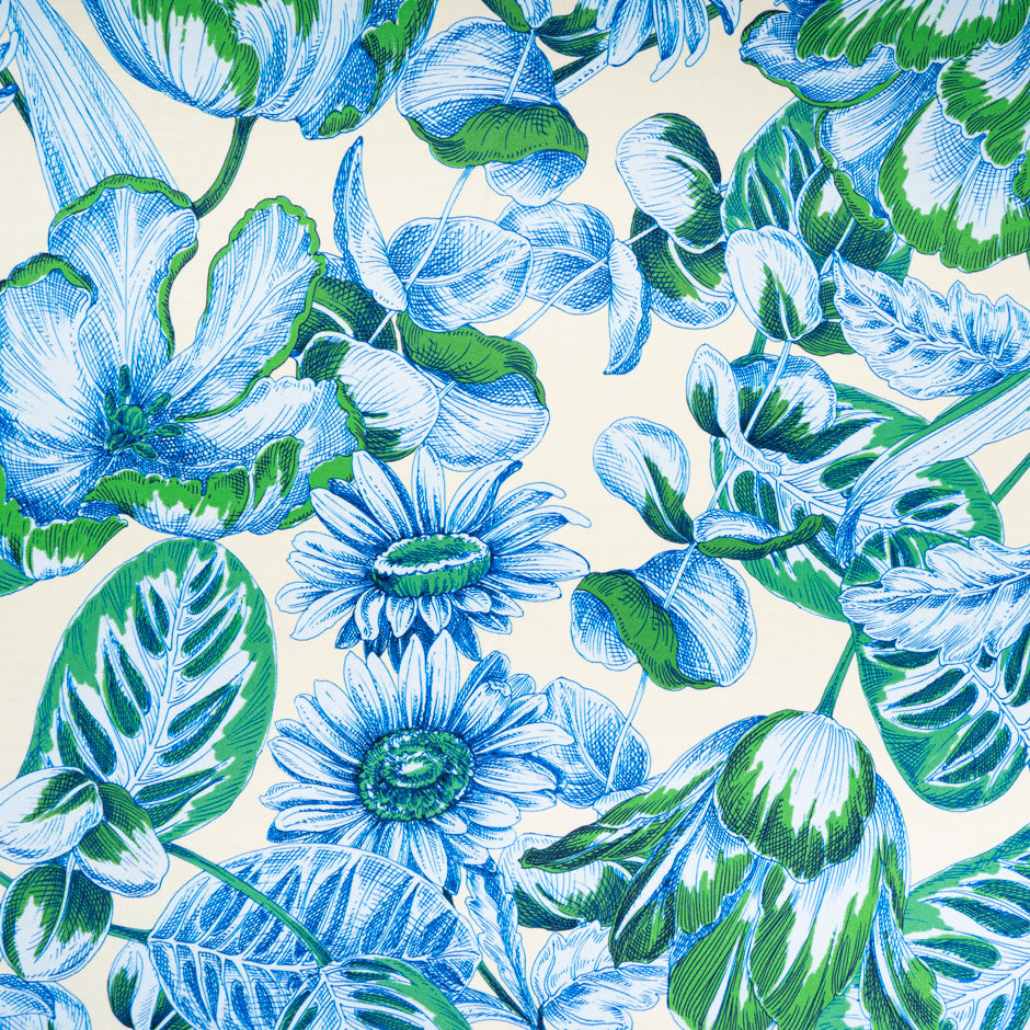 Blue & Green Floral Printed Soft Finish Duchess Satin