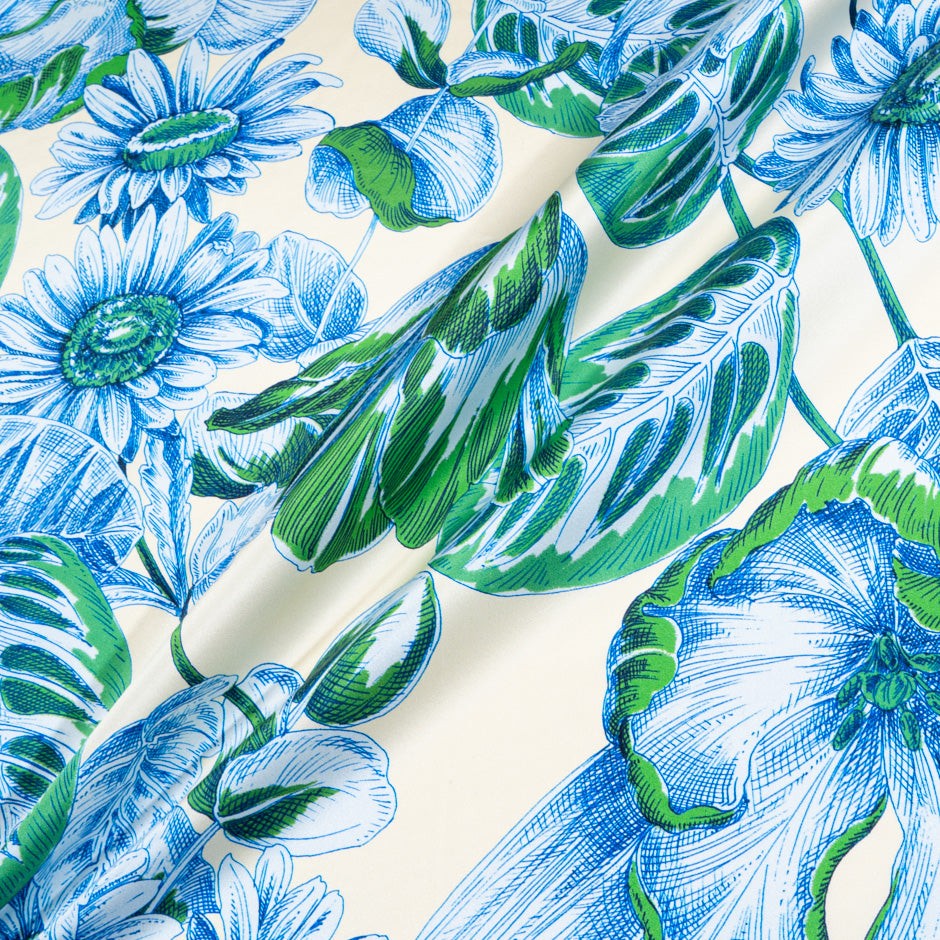 Blue & Green Floral Printed Soft Finish Duchess Satin