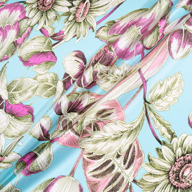 Pink & Olive Floral Printed Soft Finish Duchess Satin