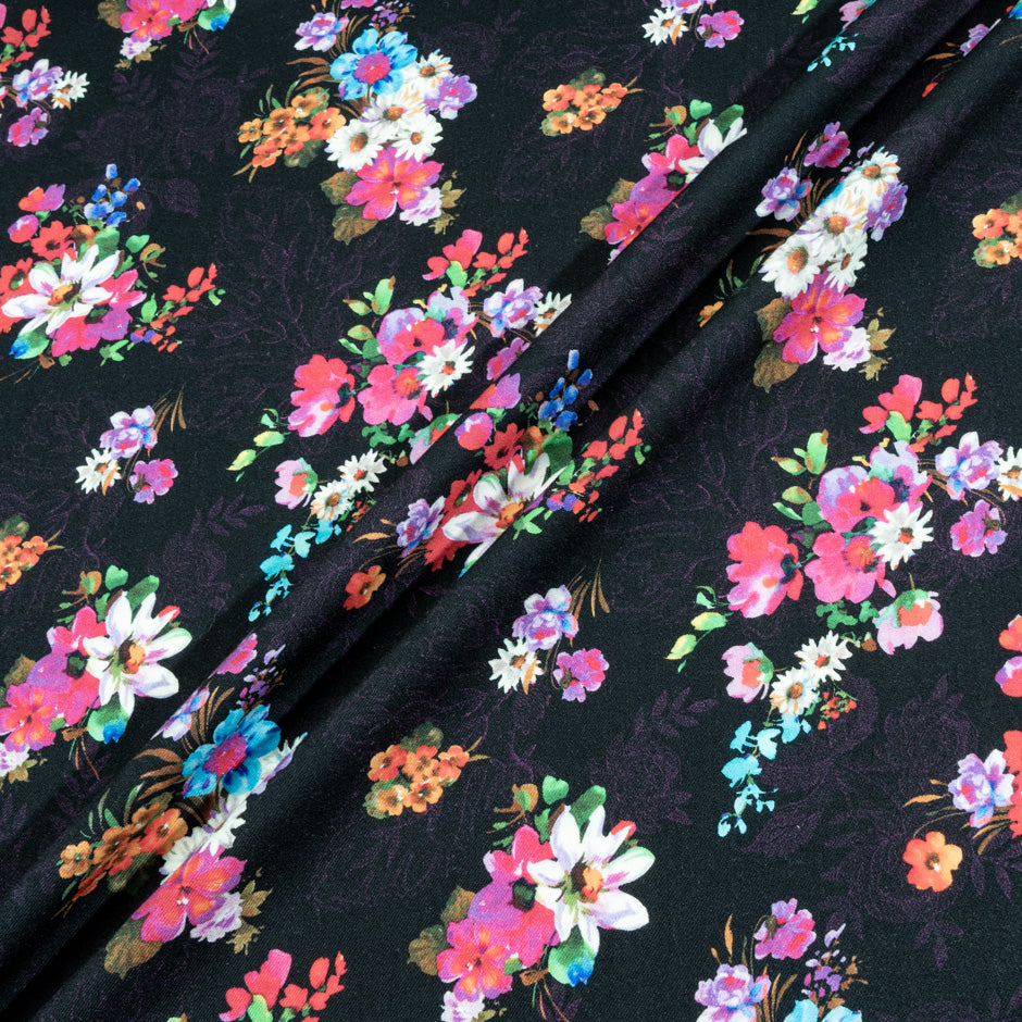 Floral Bouquet Printed Black Pure Merino Wool