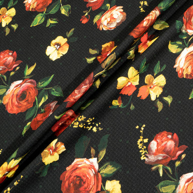 Red Rose Printed Black Pure Merino Wool