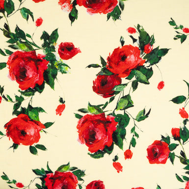 Red Rose Printed Cream Pure Merino Wool