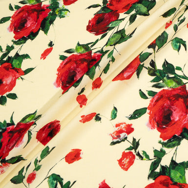 Red Rose Printed Cream Pure Merino Wool