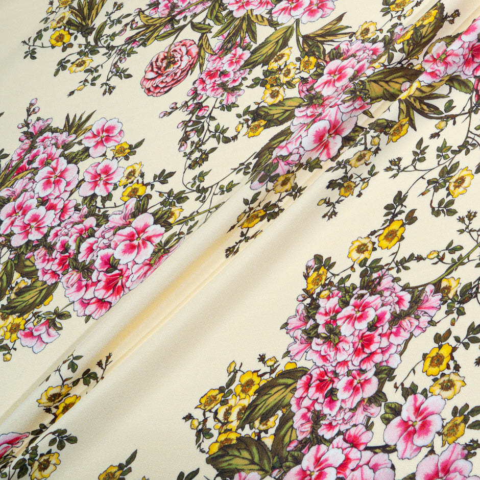 Fuchsia Pink Floral Printed Cream Silk Marocain Crêpe