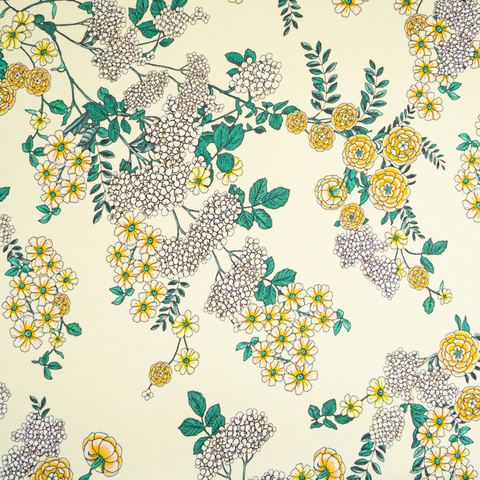 Petite Yellow Floral Printed Cream Silk Marocain Crêpe