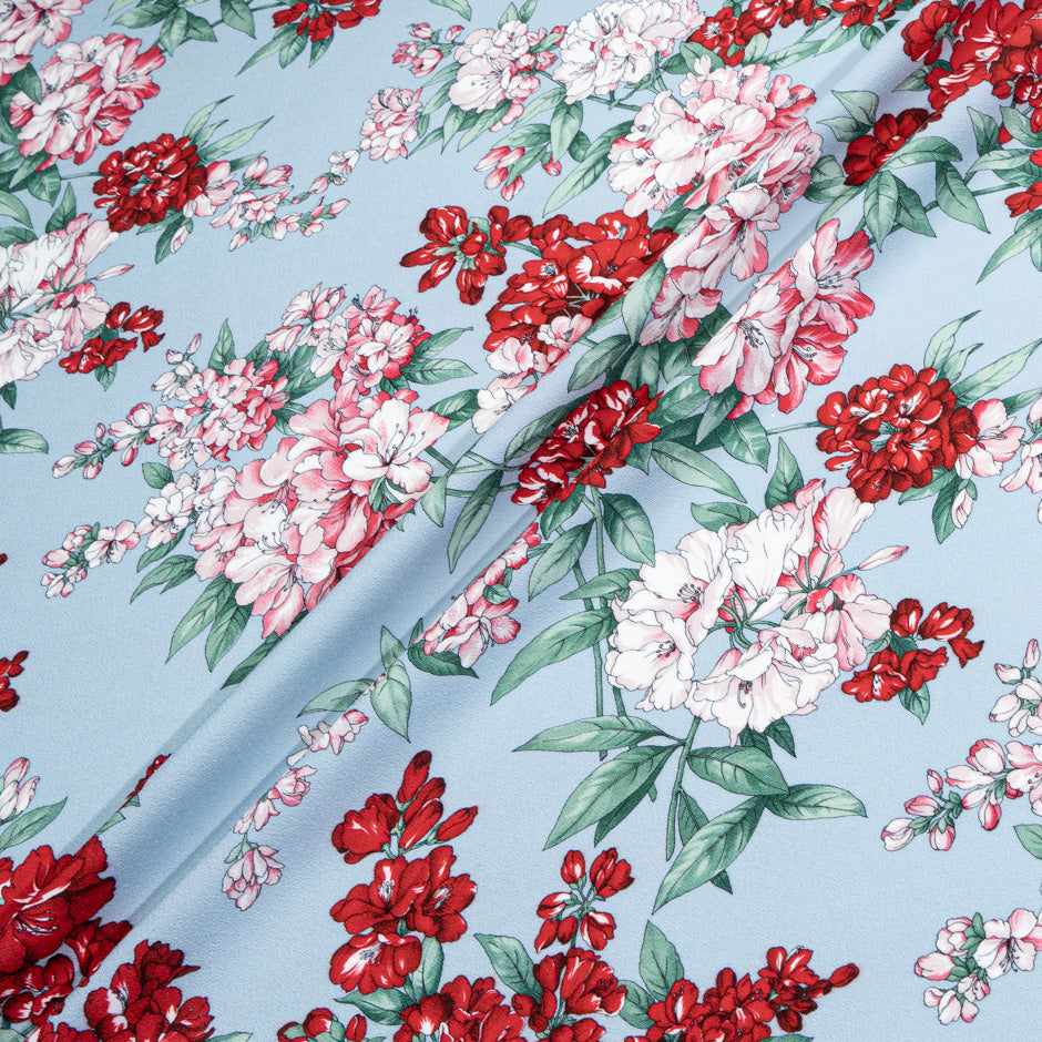 Busy Red Floral Printed Blue Viscose Crêpe