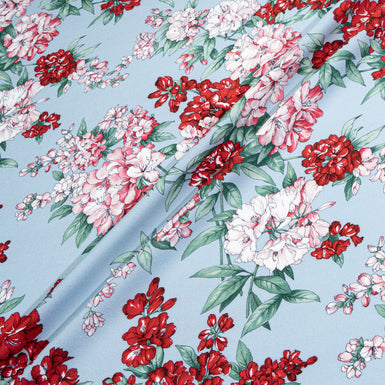 Busy Red Floral Printed Blue Viscose Crêpe