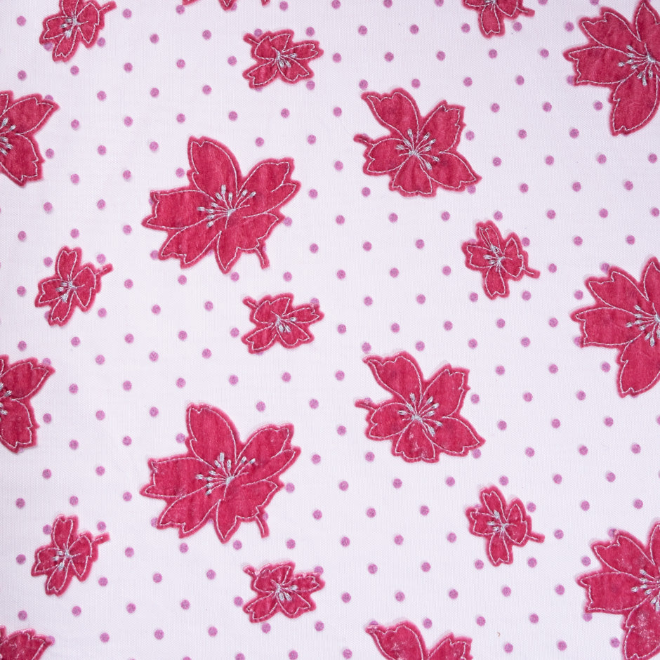 Pink Velvet Floral & Spot Embroidered Tulle