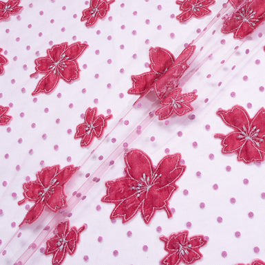 Pink Velvet Floral & Spot Embroidered Tulle