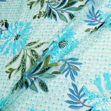 Turquoise & Blue Floral Sequin Embroidered Tulle