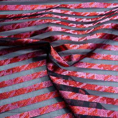 Red & Pink Metallic Striped Black Organza