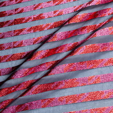 Red & Pink Metallic Striped Black Organza