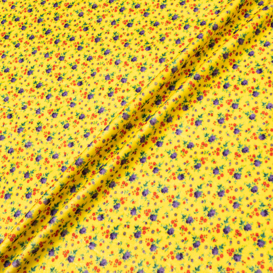 Floral Printed Canary Yellow Stretch Velvet