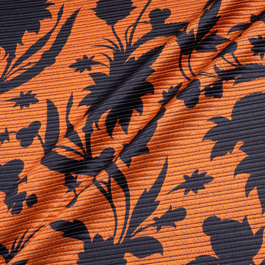 Black Floral Printed Silk Blend Orange Brocade