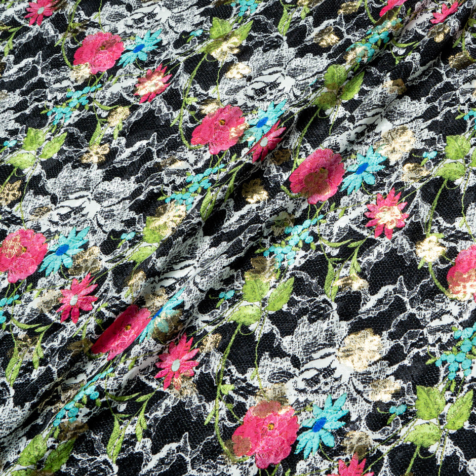 Multi Floral & Lace Printed Black Silk Metallic Jacquard