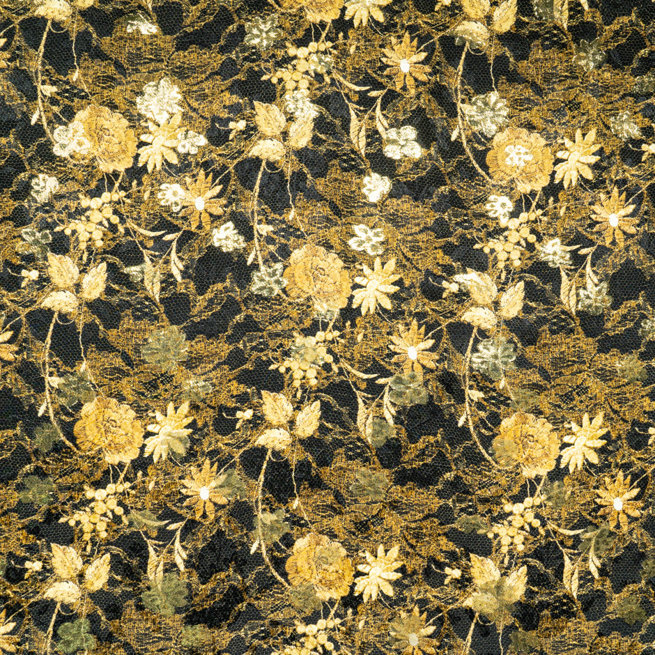 Gold Floral & Lace Printed Black Silk Metallic Jacquard