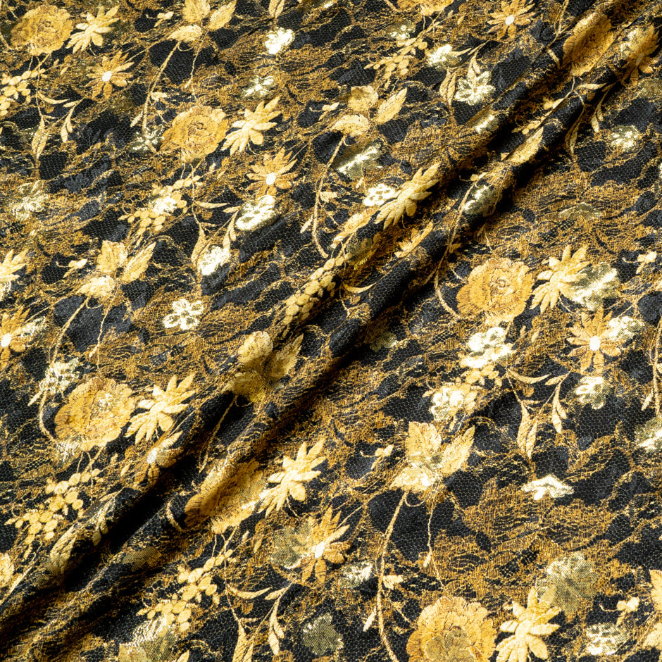 Gold Floral & Lace Printed Black Silk Metallic Jacquard