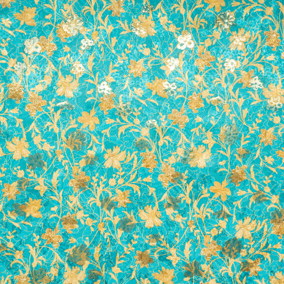 Yellow Floral & Lace Printed Turquoise Silk Metallic Jacquard