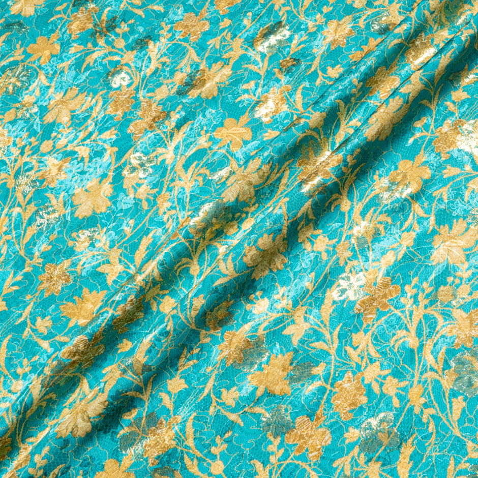 Yellow Floral & Lace Printed Turquoise Silk Metallic Jacquard