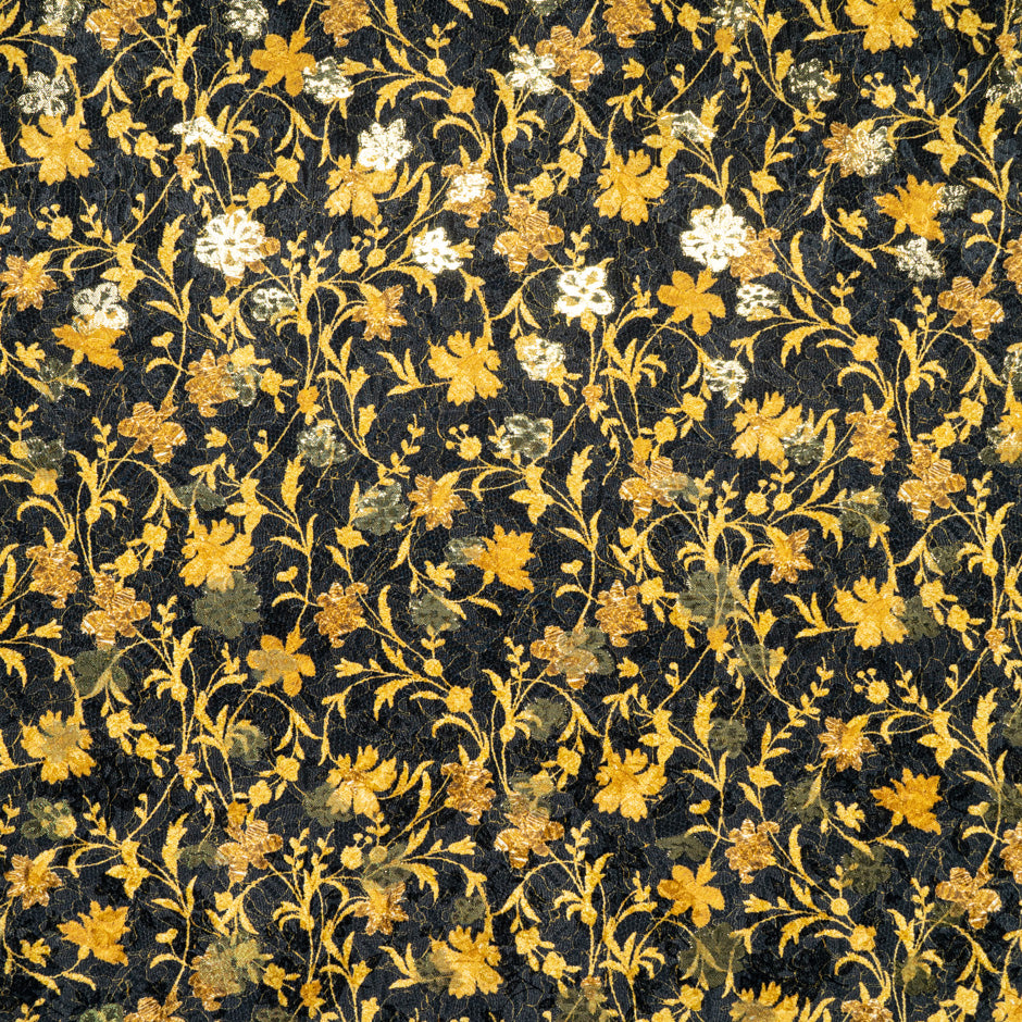 Small Gold Floral & Lace Printed Black Silk Metallic Jacquard