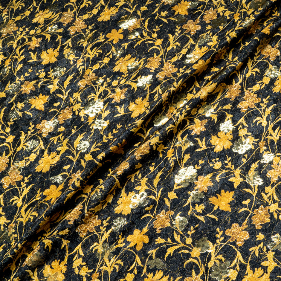 Small Gold Floral & Lace Printed Black Silk Metallic Jacquard