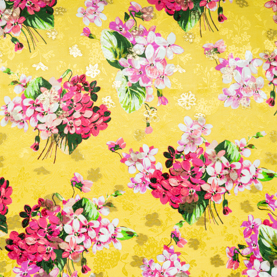 Pink Floral Printed Yellow Silk Metallic Jacquard