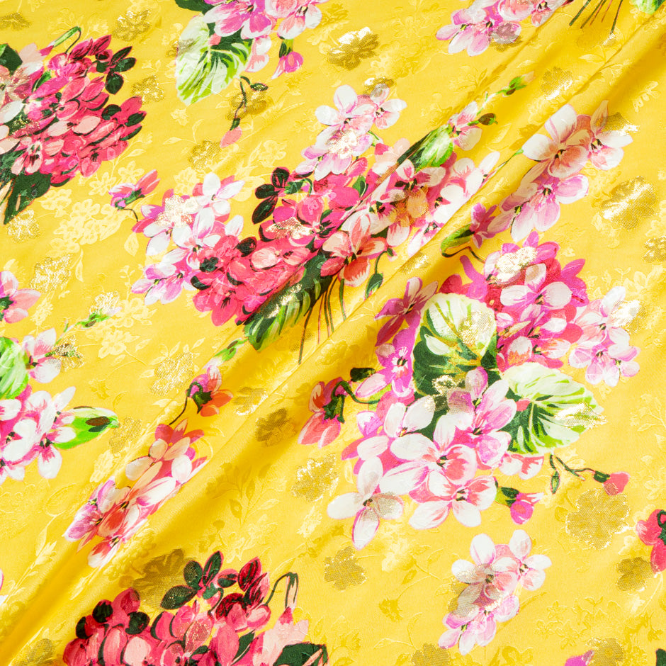 Pink Floral Printed Yellow Silk Metallic Jacquard