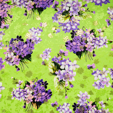 Purple Floral Printed Green Silk Metallic Jacquard