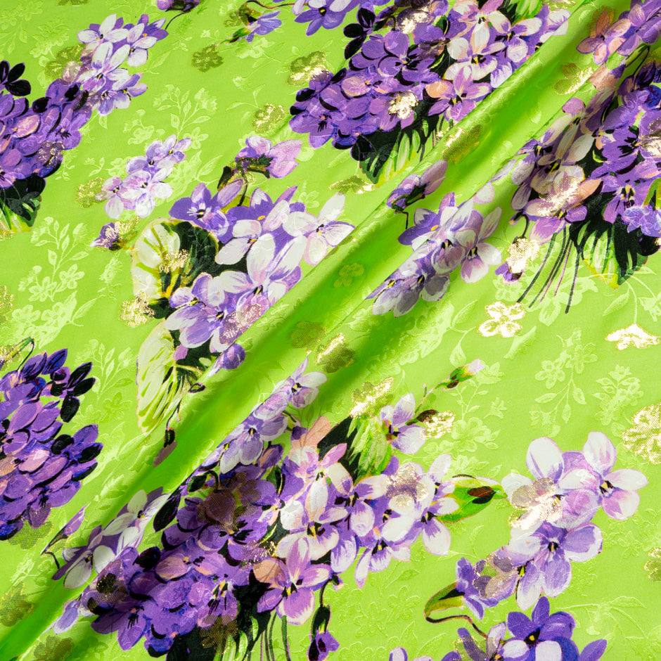 Purple Floral Printed Green Silk Metallic Jacquard