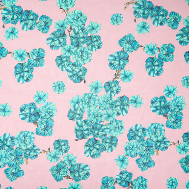 Teal Floral Printed Pink Pure Silk Georgette