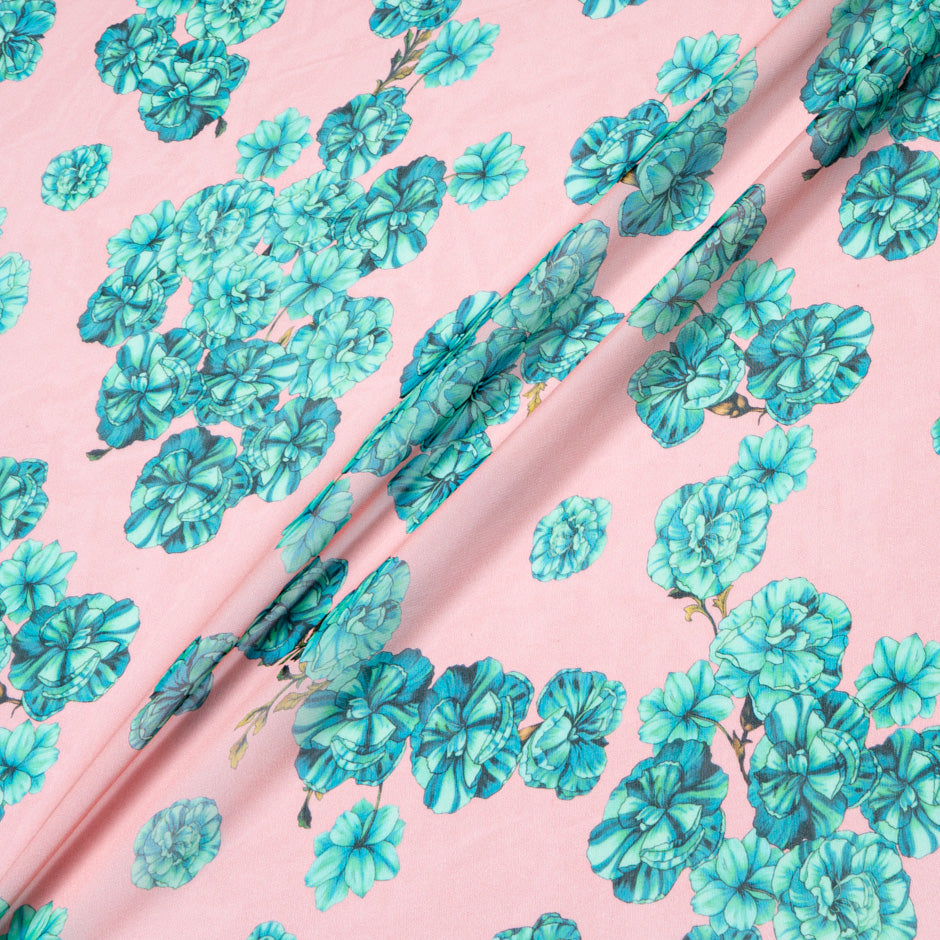 Teal Floral Printed Pink Pure Silk Georgette