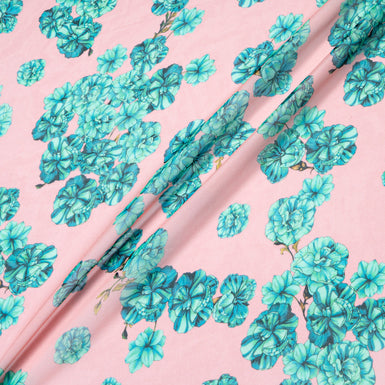 Teal Floral Printed Pink Pure Silk Georgette