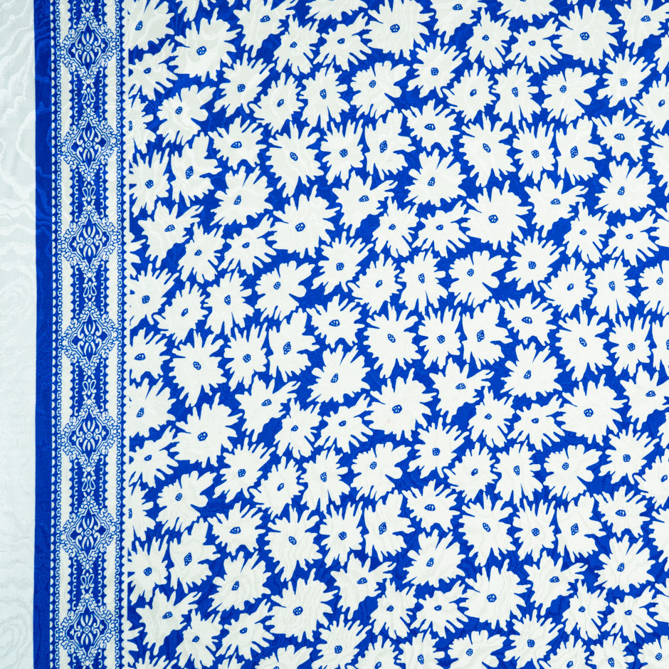 White Floral Printed Royal Blue Pure Silk Jacquard