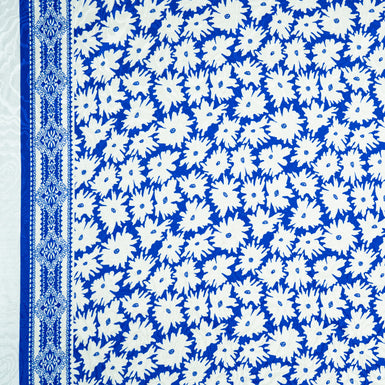 White Floral Printed Royal Blue Pure Silk Jacquard