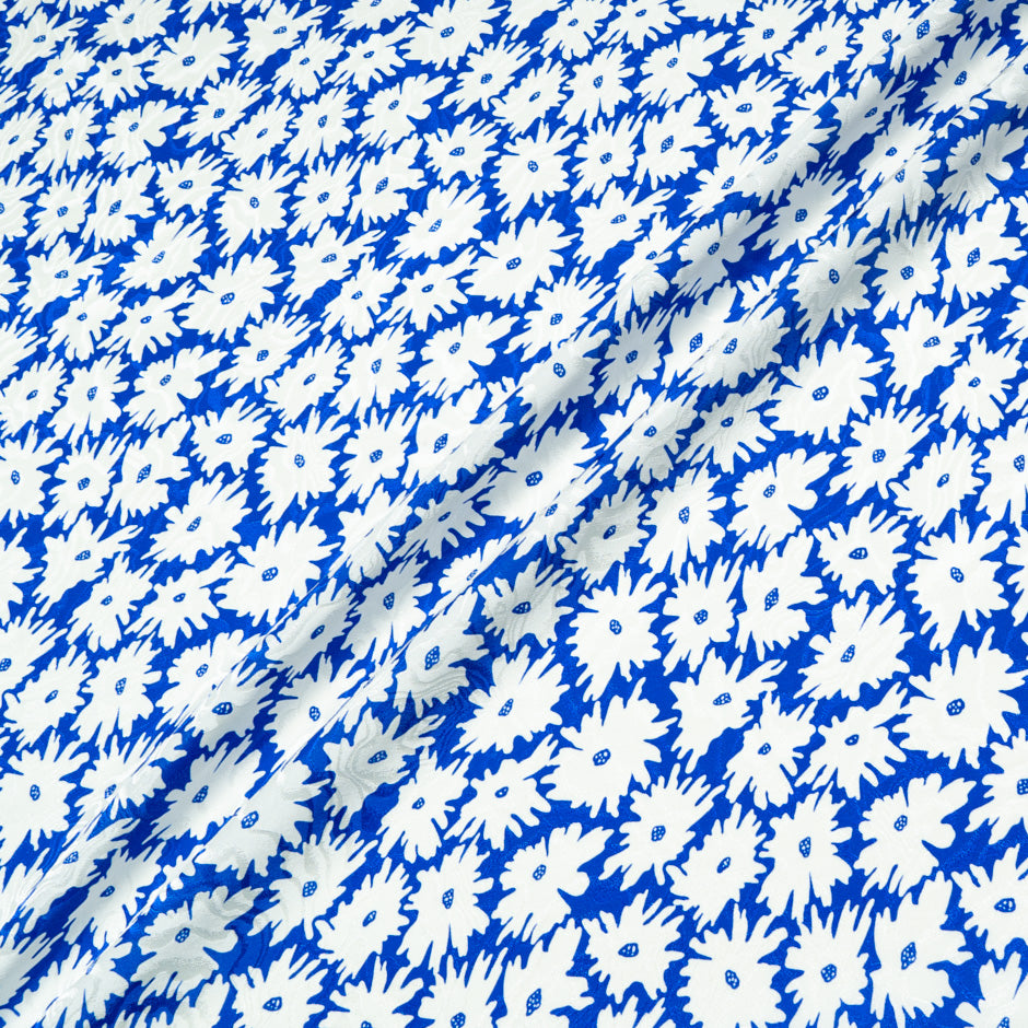 White Floral Printed Royal Blue Pure Silk Jacquard