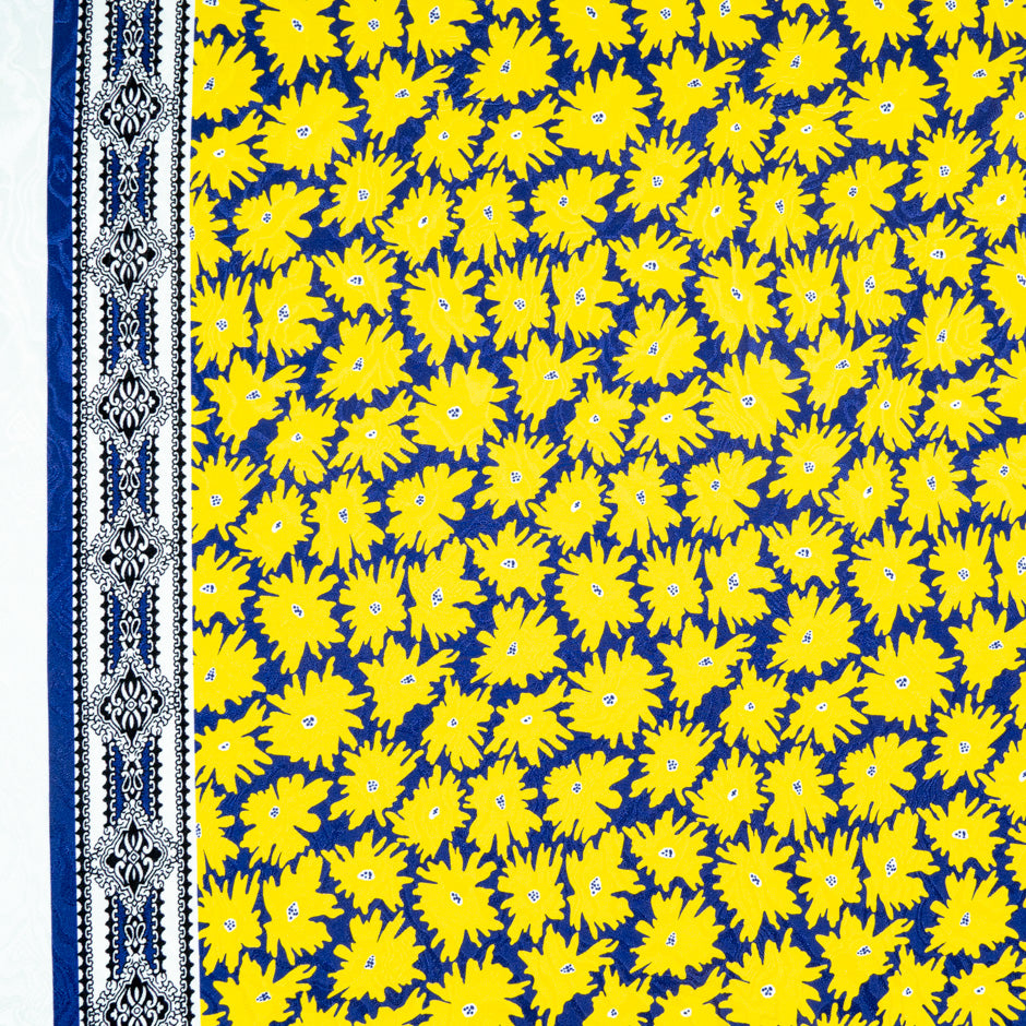 Yellow Floral Printed Blue Pure Silk Jacquard