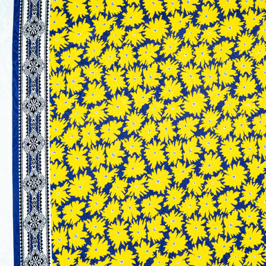 Yellow Floral Printed Blue Pure Silk Jacquard