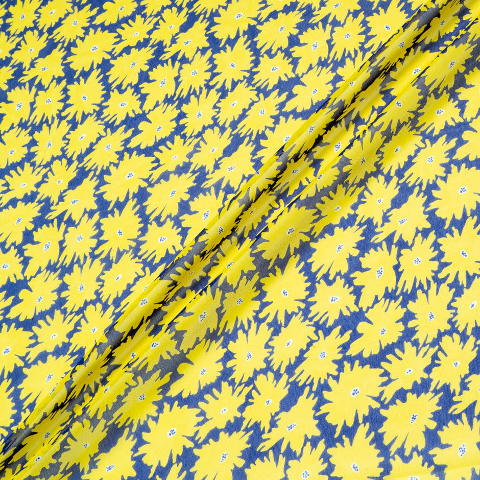 Yellow Floral Printed Blue Pure Silk Georgette