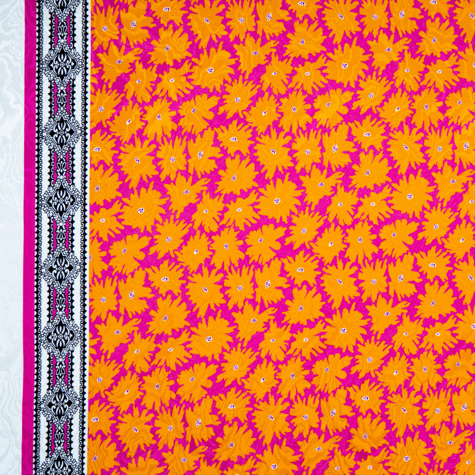 Orange Floral Printed Fuchsia Pure Silk Jacquard