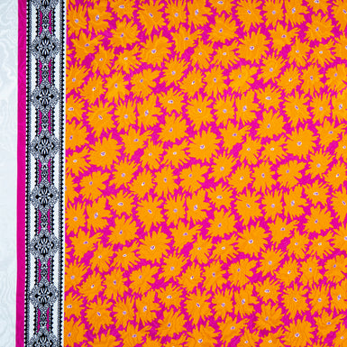 Orange Floral Printed Fuchsia Pure Silk Jacquard