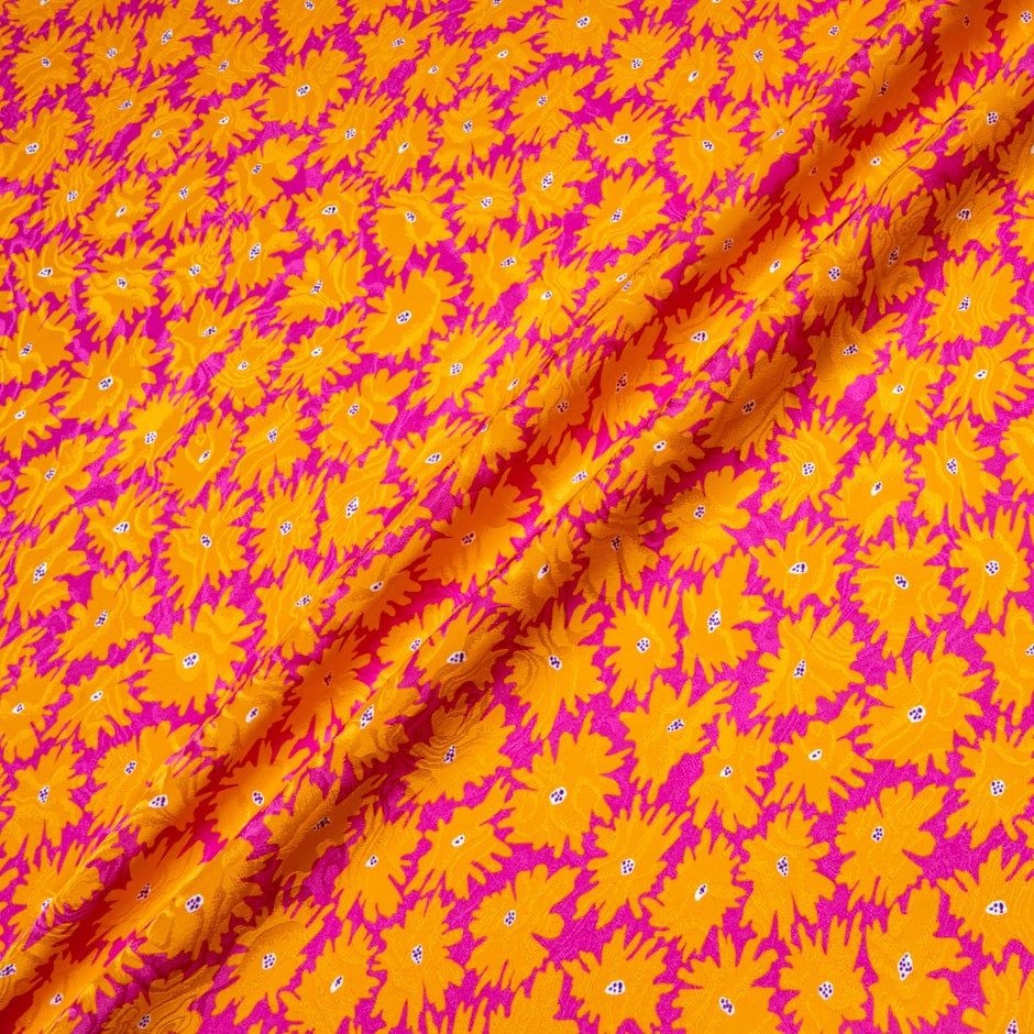 Orange Floral Printed Fuchsia Pure Silk Jacquard