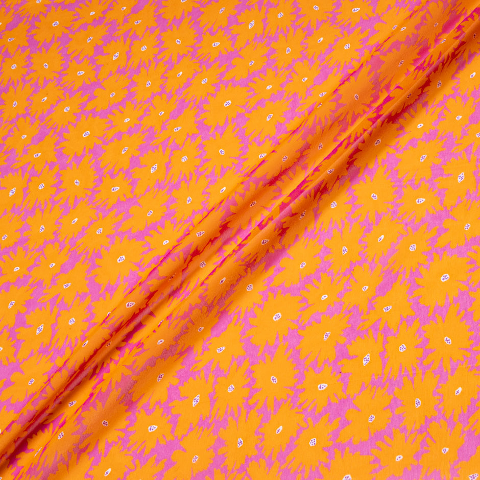 Orange Floral Printed Fuchsia Pure Silk Georgette