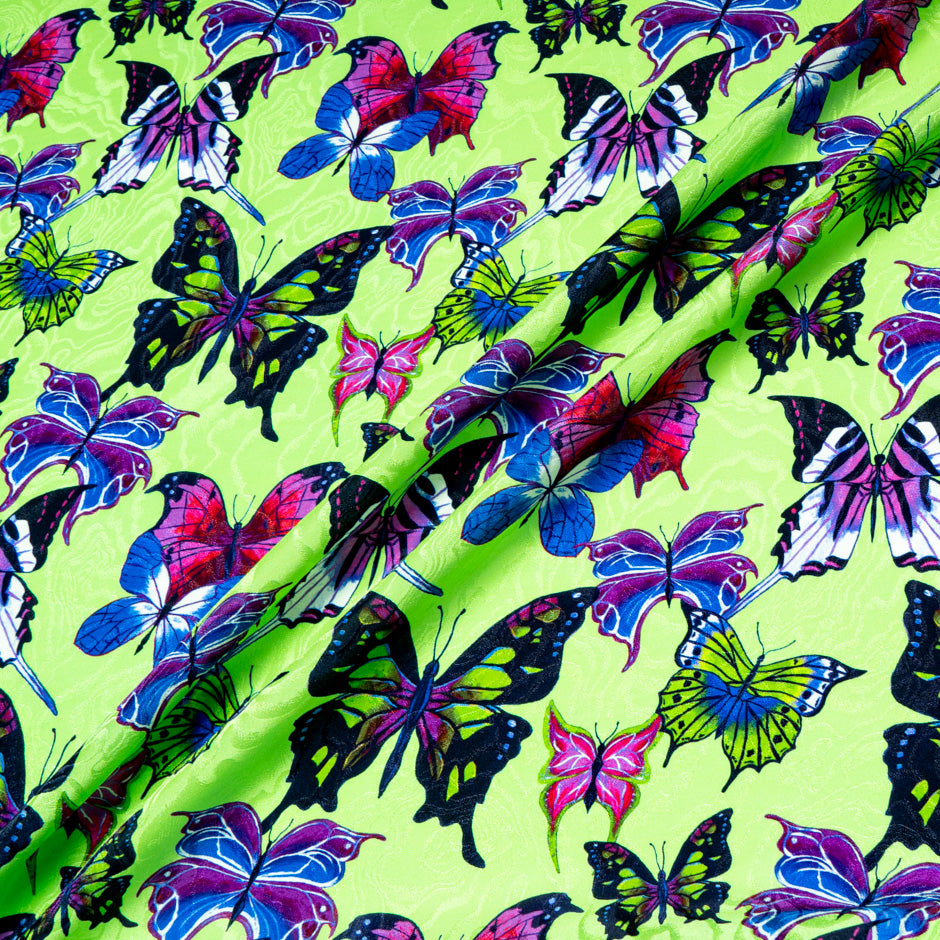 Multi-Coloured Butterfly Printed Green Silk Jacquard