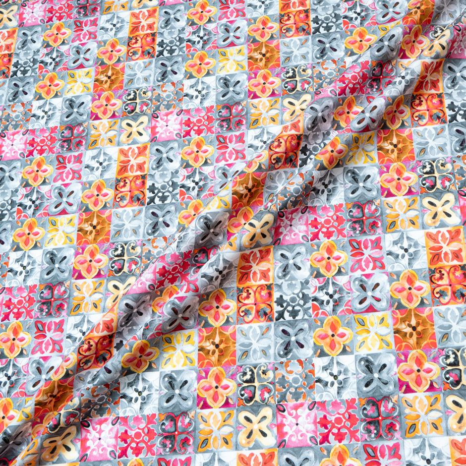 Pink, Grey & Orange Tile Printed Superfine Cotton