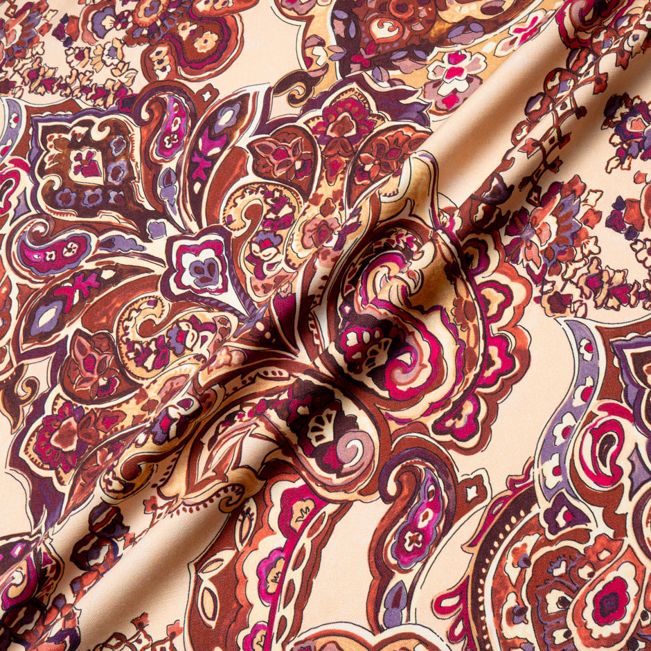 Deep Pink & Brown Paisley Printed Pure Merino Wool