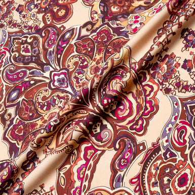 Deep Pink & Brown Paisley Printed Pure Merino Wool