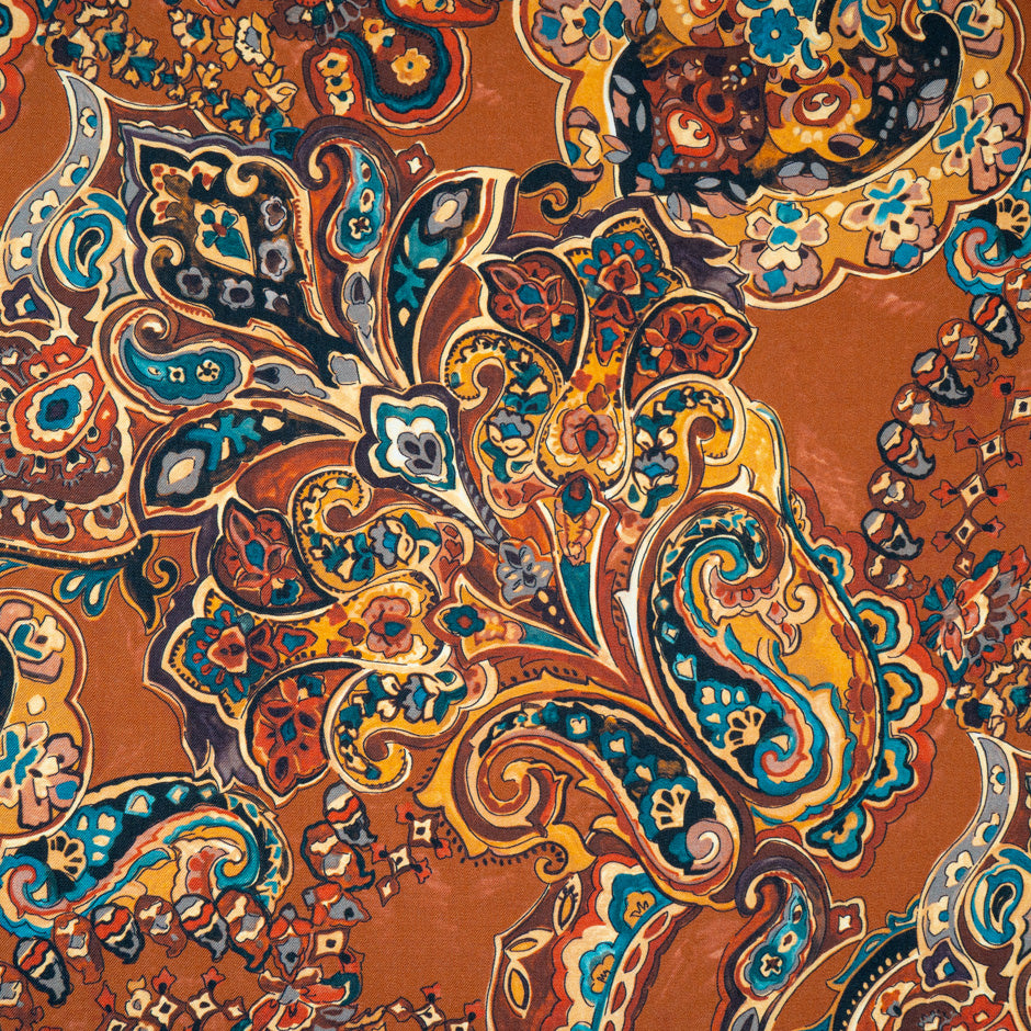 Rich Brown & Blue Paisley Printed Pure Merino Wool