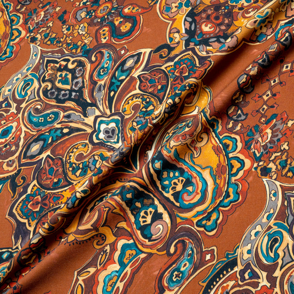 Rich Brown & Blue Paisley Printed Pure Merino Wool