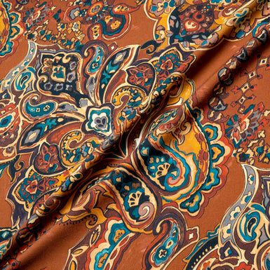 Rich Brown & Blue Paisley Printed Pure Merino Wool