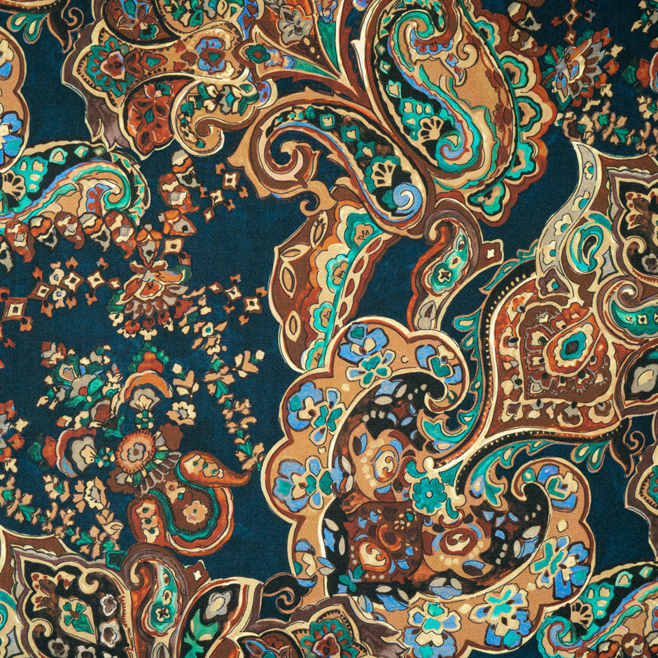 Brown & Dark Blue Paisley Printed Pure Merino Wool